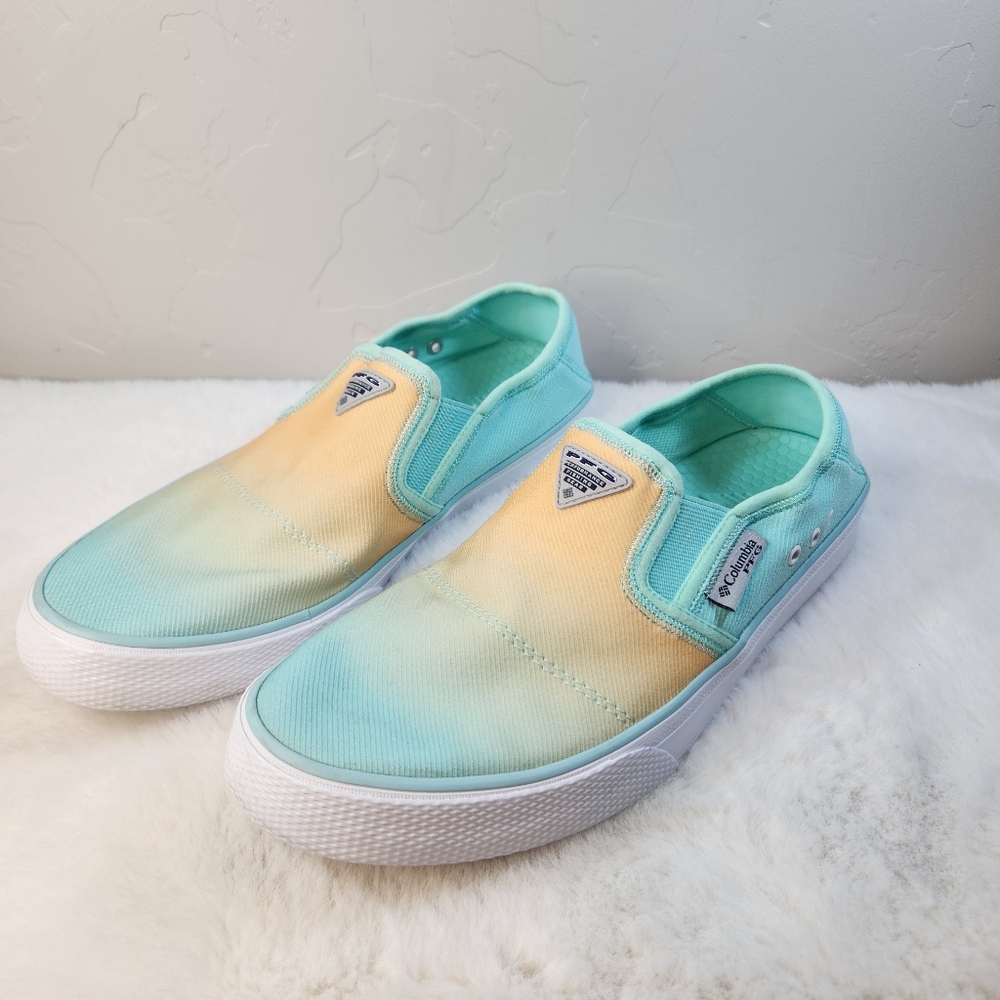 Columbia PFG Slack Water Slip-On Sneakers | Turquoise Yellow Ombre | Size 9.5